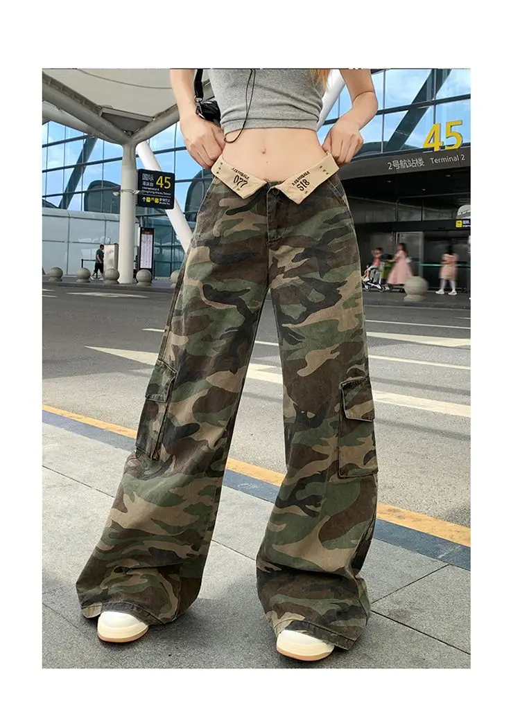 

Jeans Camouflage Flange High Street Straight Chic Women'S Jeans American Style Zipper Fashion Slim Loose Female Wide Leg Pants