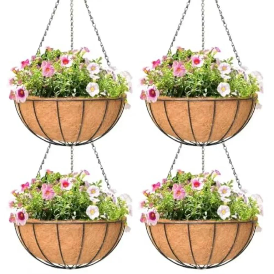 

4 Pack Hanging Baskets for Plants Outdoor Metal Hanging Planter Hanging Flower Baskets with Coco Fiber Liners Chain Round Wire