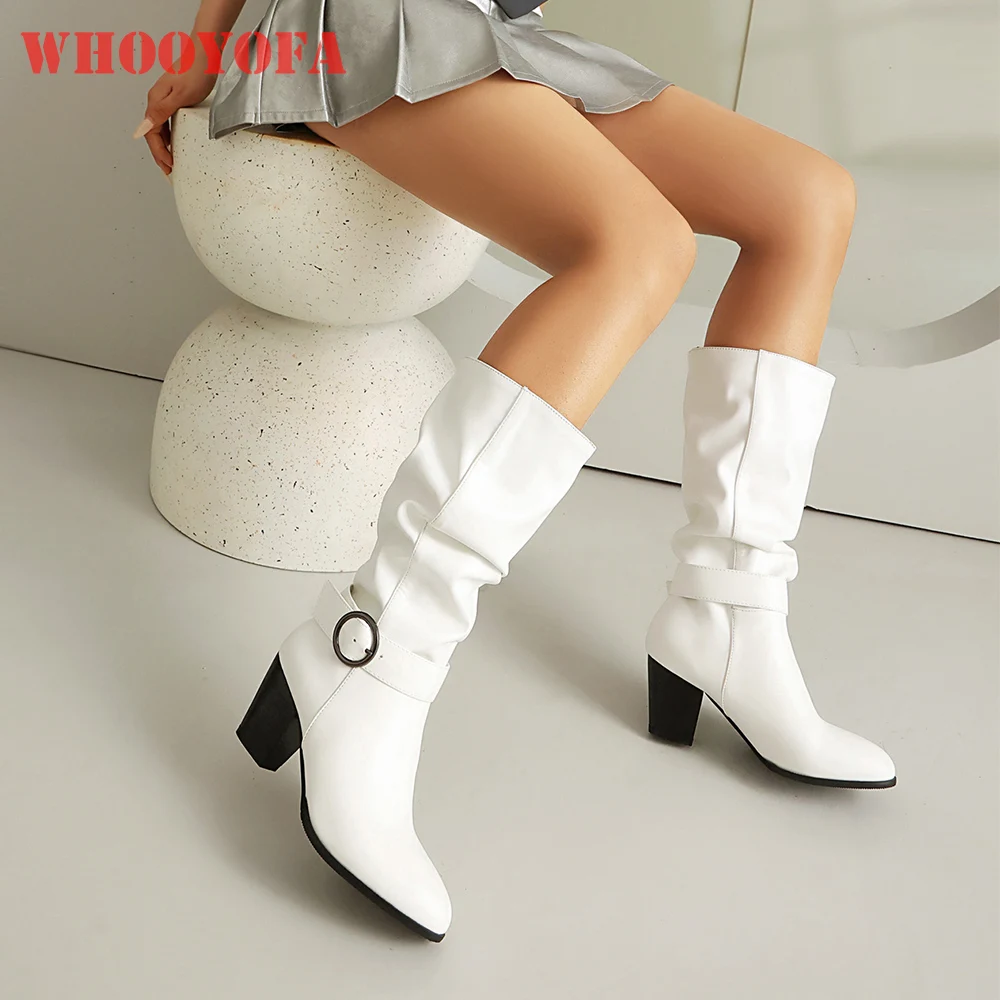 

2025 New Winter Comfortable White Black Women Mid Calf Sloch Boots High Heel Office Lady Dress Shoes Plus Big Size 11 43 44 48