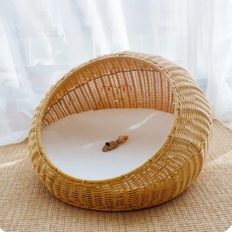 

Large Semi-Enclosed Kitten Bed Handmade Rattan Woven Cat Litter Comfort Breathable Pet House Metal Frame Cat's Supplies