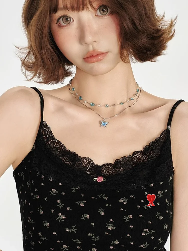 

AM I KMKM Lace Crop Top Strap Vest Slimming Summer Casual Sle ort Sve round Ne Women's Inner Wear T-irt