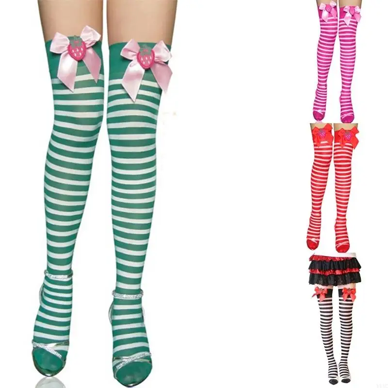 Fashion Fashion High Stocking Strawberry Bowknot rayas sobre calcetines rodilla Festival calcetines largos