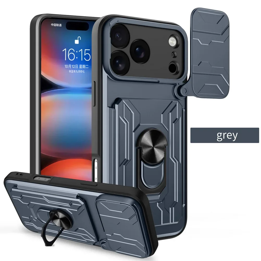 Robuste Rüstung Auto Magnetische Ring Halter Karte Slot Telefon Fall Für IPhone17 Air Pro Max Hybrid Rutsche Kamera Stoßfest Schützen Abdeckung