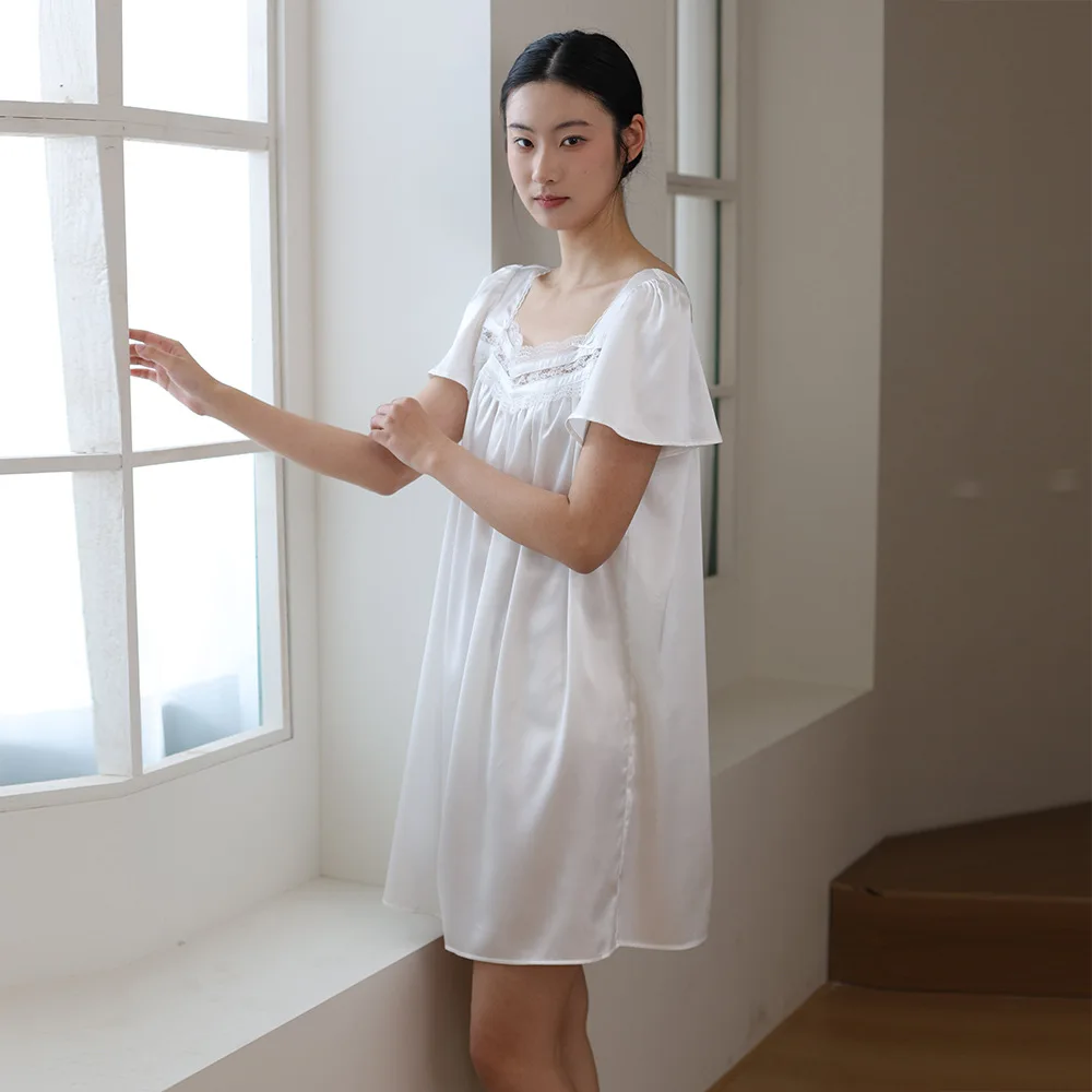 19MM 100% Mulberry Silk Nightgown Women Square Neck Lace Trim Short Sleeve Satin Sleep Dress Loose Casual White Nightwear Pajama