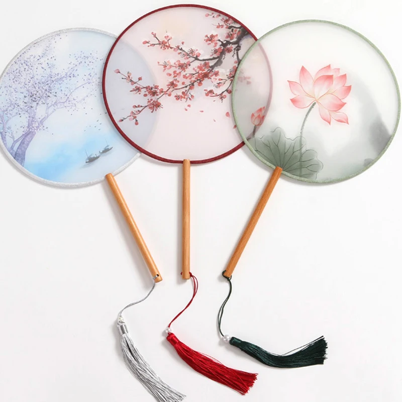 Chinese Style Round Fan with Wooden Handle Portable Printed Dance Fasn Vintage Hand Fan Dance Wedding Favors