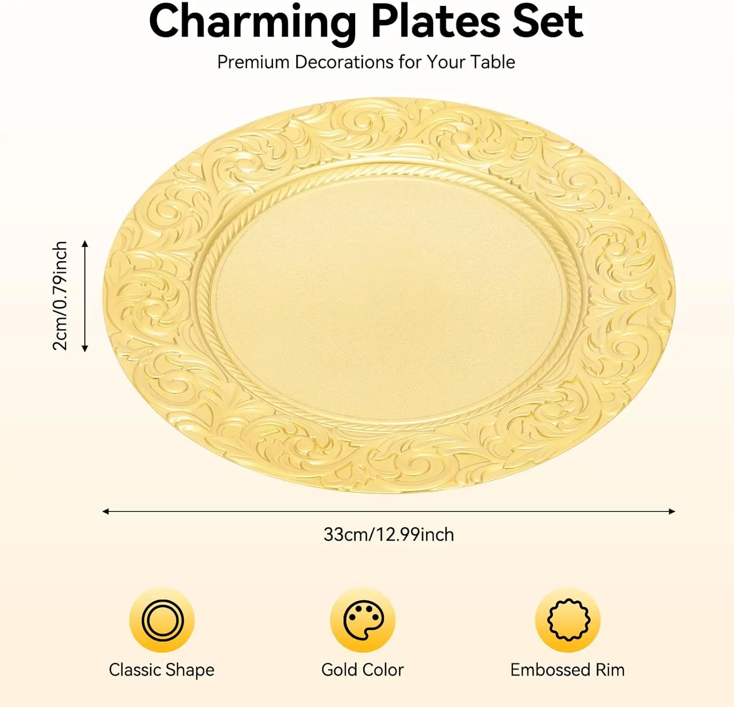 100 Pcs Gold Round Charger Plates Bulk, 13 Inch Plastic Embossed Dinner Plate for Table Setting Wedding Party (Gold)