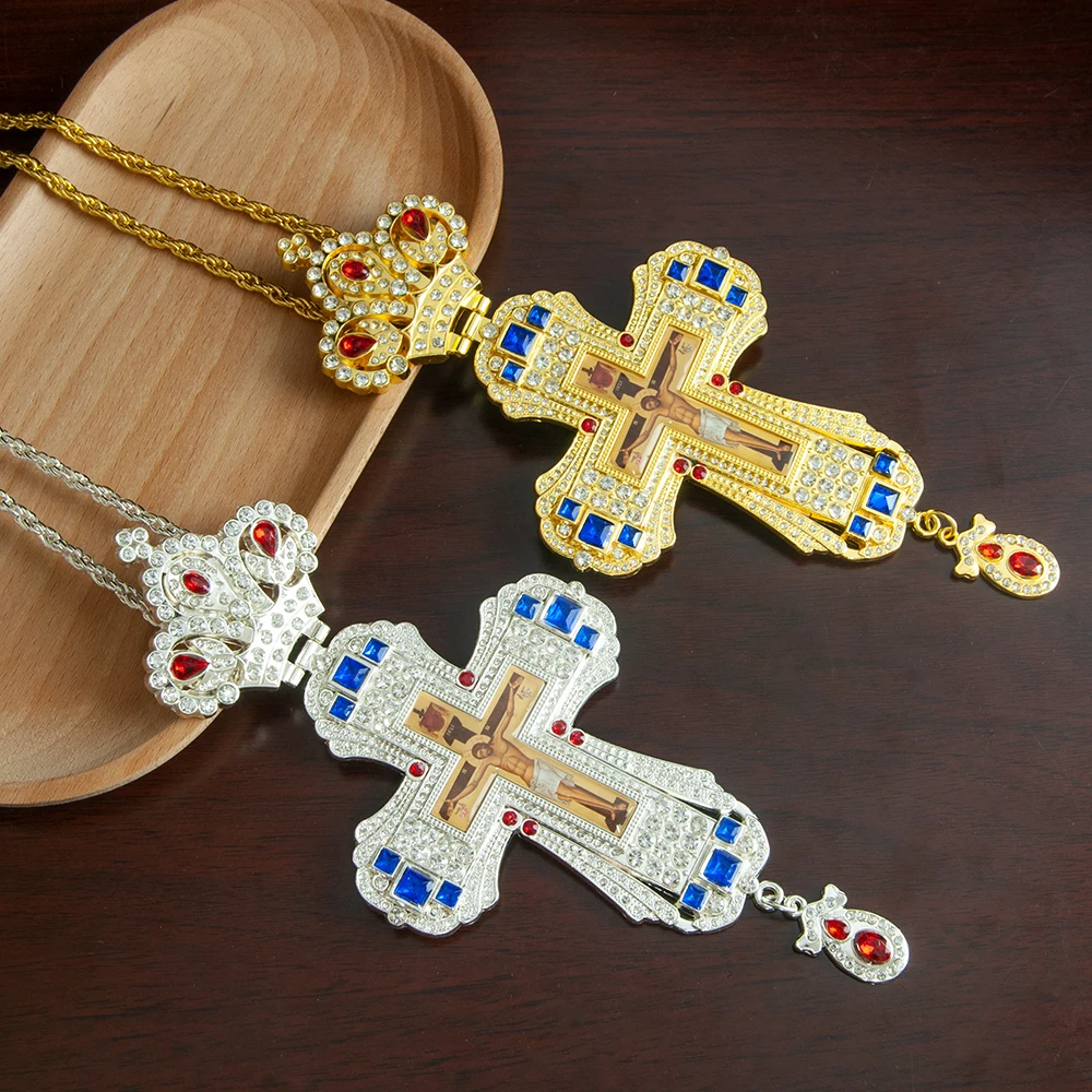 Gold Alloy Orthodox Church Bishop's Pectoral Cross Necklace with Savior Jesus Crucifix Icon Bishop Religion Gift