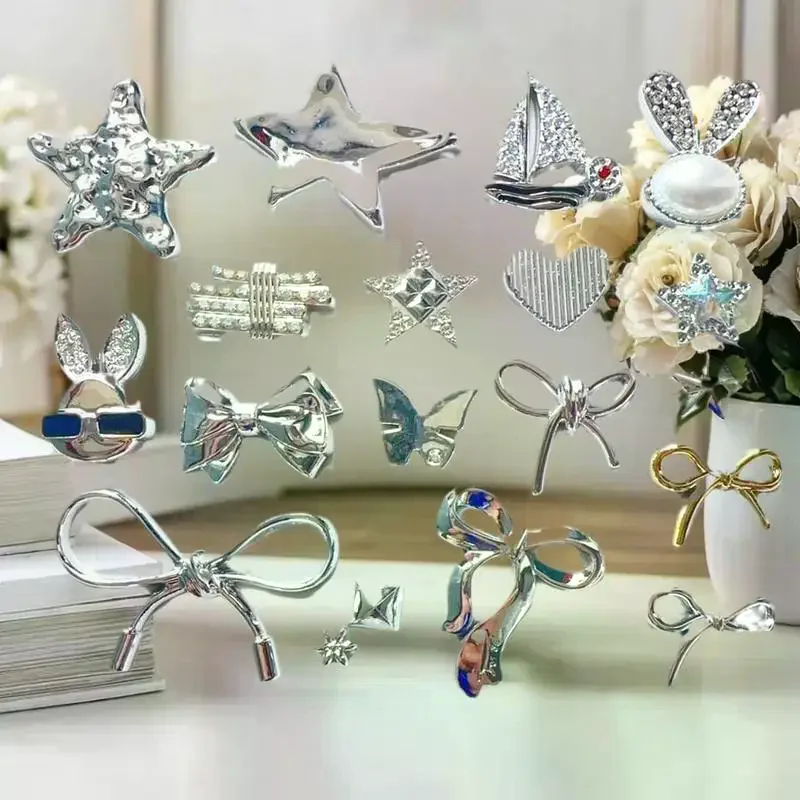 10/18pcs DIY Hole Shoes Charms Electroplated Silver Bow Tie Accessories Designer Garden Shoe Decoration Girl Gift