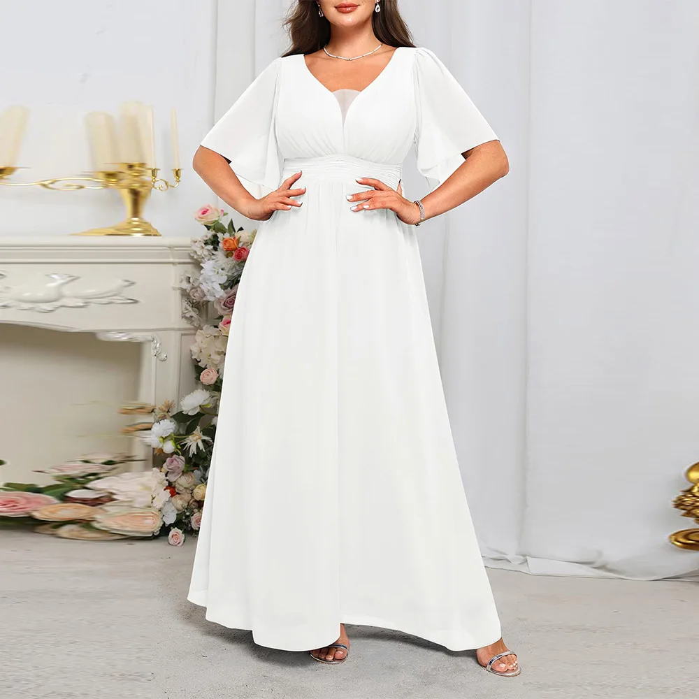 

Customized Exquisite Formal Dresses - V Neck Flutter Sleeves Evening Gowns Mother of The Bride Dress Chiffon Long Maxi Dress