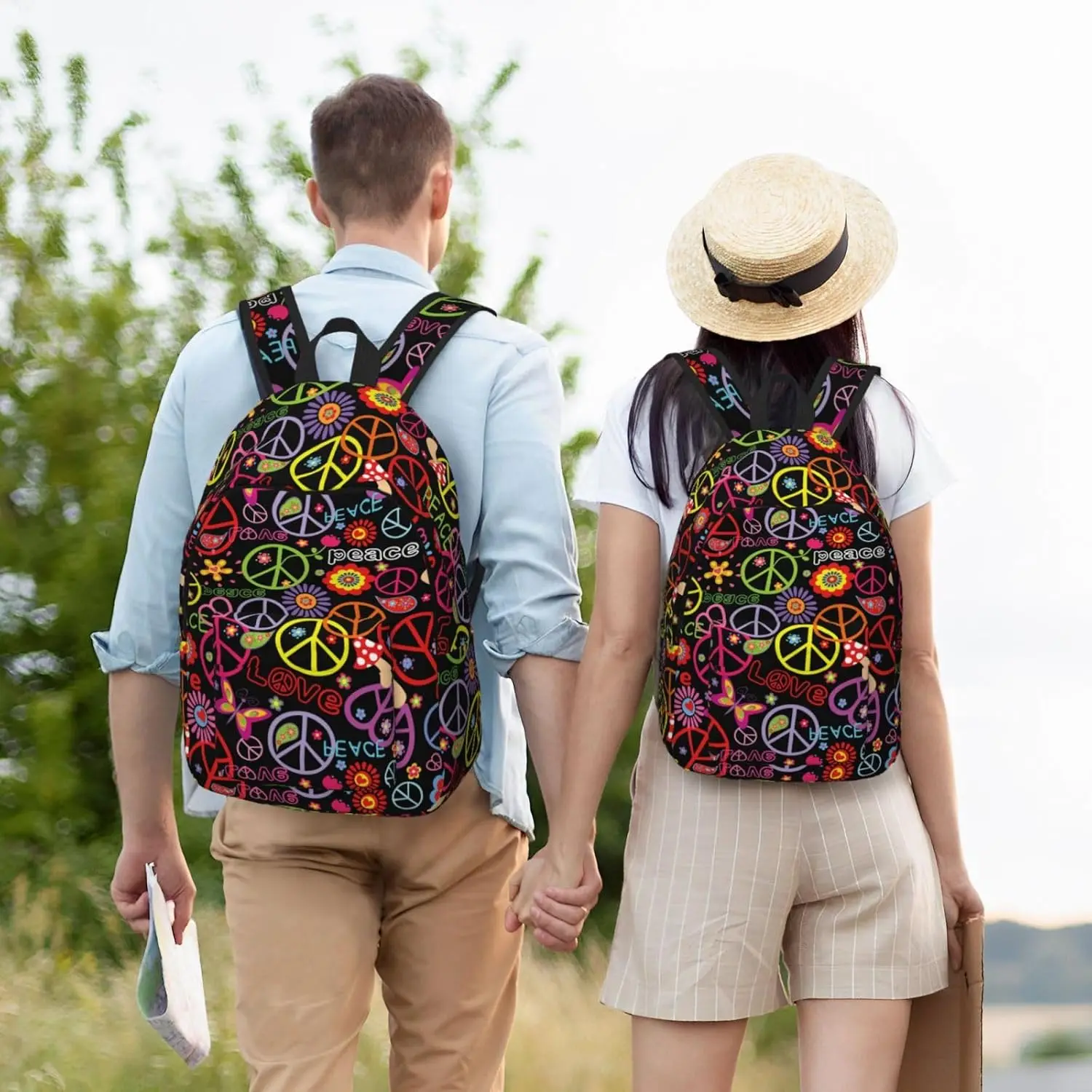 Hippie Peace Retro Fashion School Backpack for Girls Boys Women Lightweight Canvas Bookbag Casual Laptop Daypack