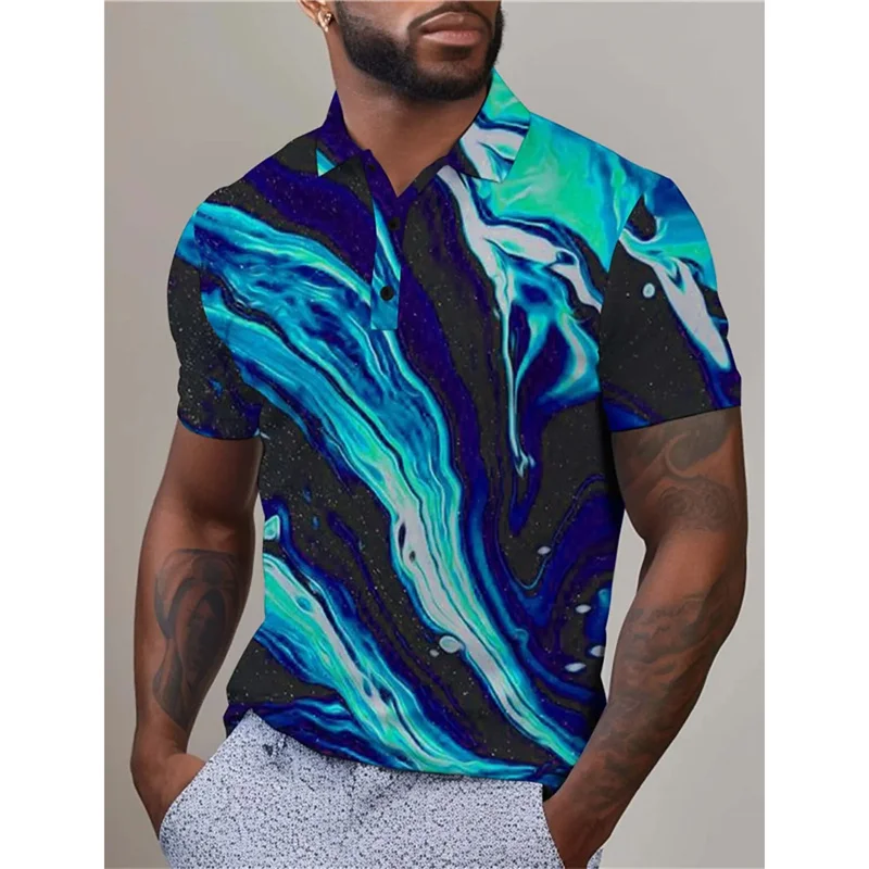 3D Printed Marble Polo Shirt For Men Abstract Pattern Short Sleeves Outdoor Summer Street Lapel T-Shirt Button Loose Tees Tops