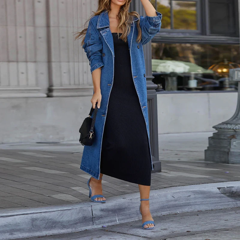 2024 New Women\'s Denim Long Coat Autumn Winter Fashion Denim Trench Cardigan Jacket Tops European American Street Trend Clothing