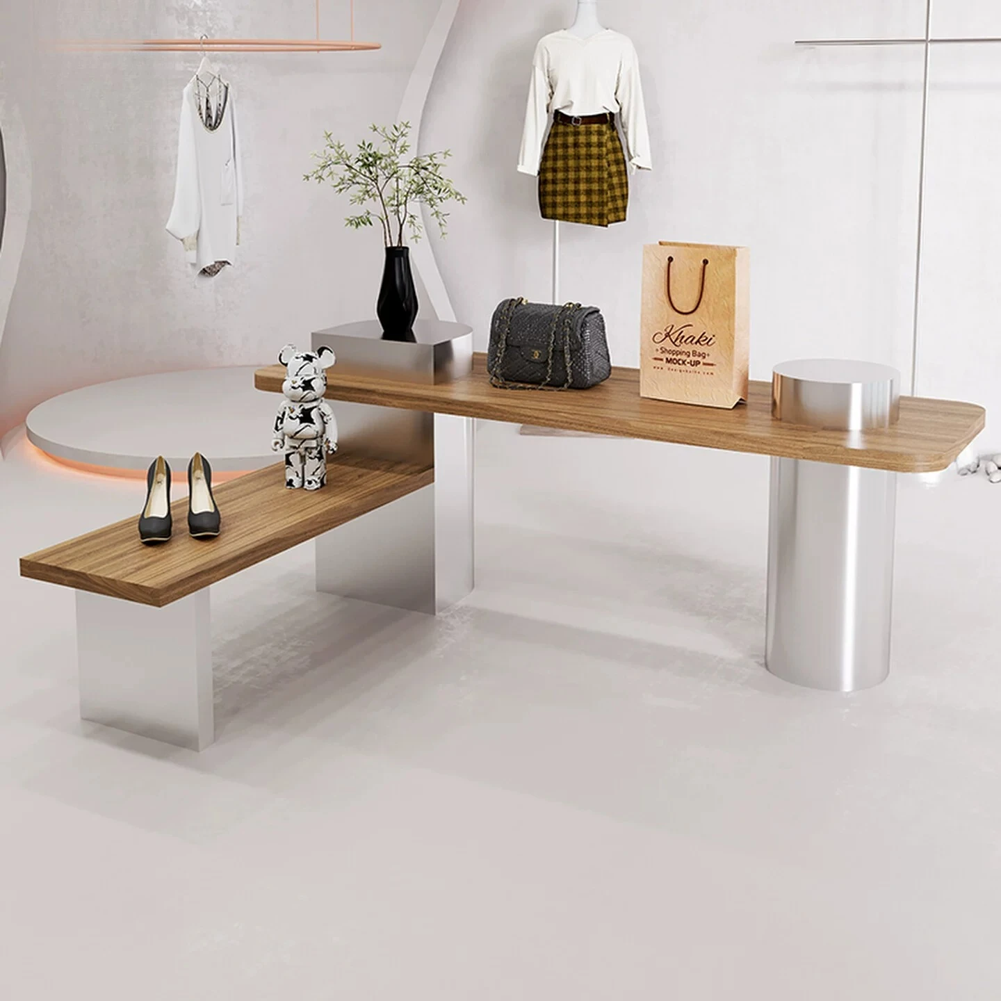 Nakashimadai water table display table shoe store display walnut booth in the middle