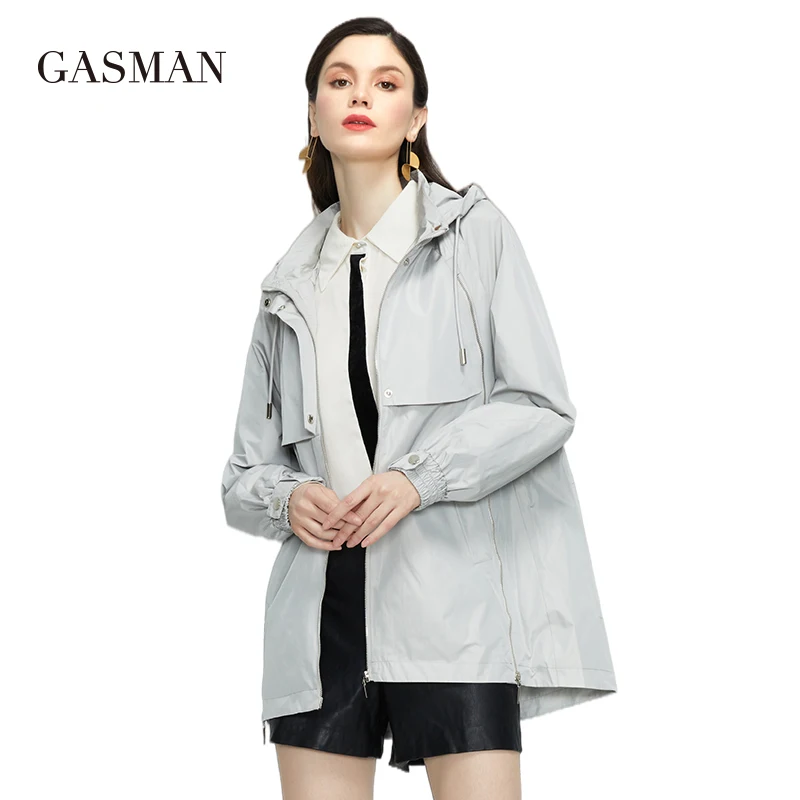 gasman 2023 jaqueta feminina primavera trench coat casual cinza ziper a prova de vento cabolsas curtos feminino com capuz outwear jaqueta 20233 01