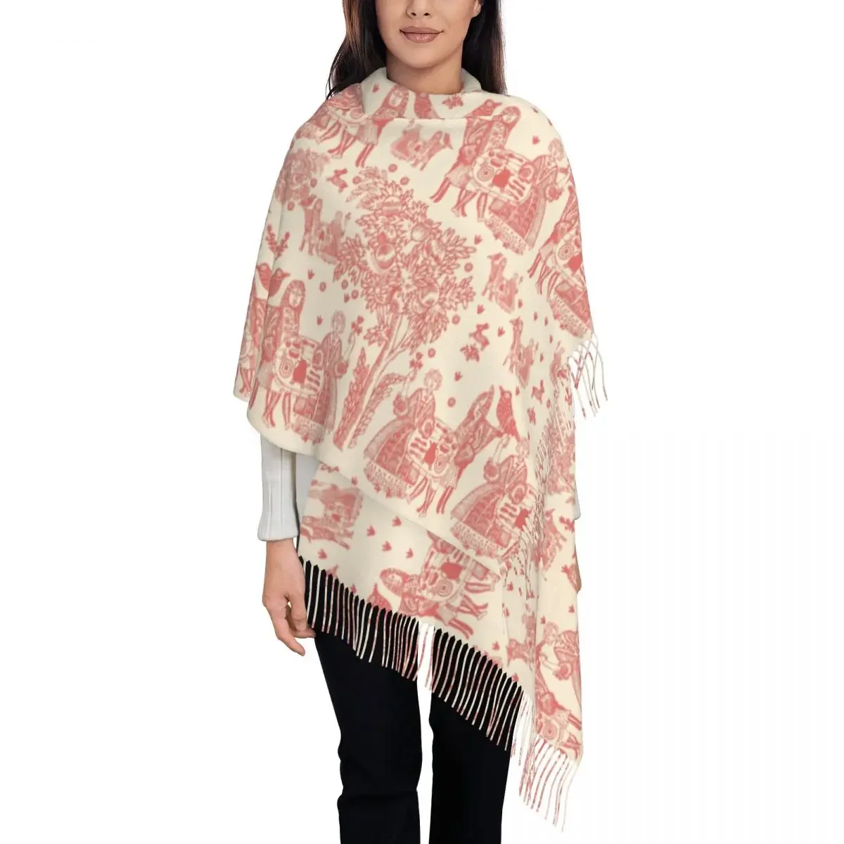 Luxury Toile De Jouy French Motif Tassel Scarf Women Winter Fall Warm Shawl Wrap Ladies Flora Scarves