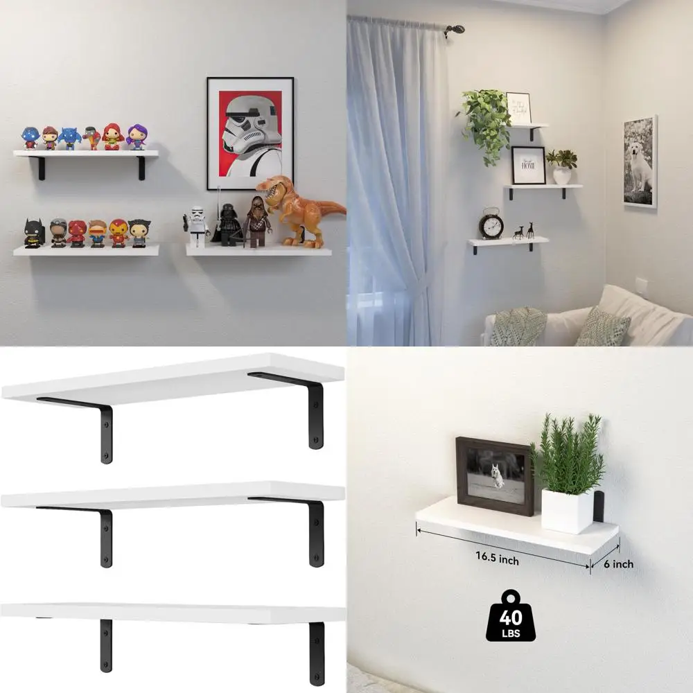 

Набор из 3-х белых деревянных плавающих полок для домашнего декора и хранения вещей в ванной, спальне, гостиной - HM02