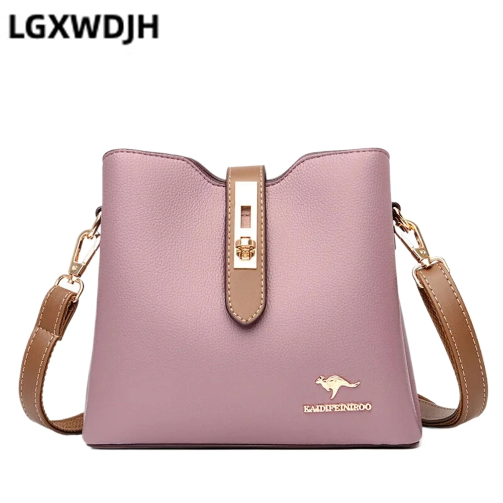 Contrast color lock bucket women\'s shoulder bag  Urban simple composite cowhide crossbody bags  Korean style kangaroo handbag