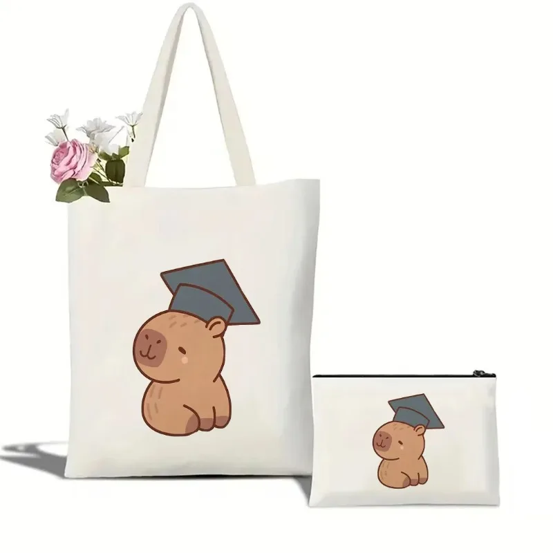 Tas Belanja Kanvas Pola Capybara Menggemaskan Tas Tote Katun Kapasitas Besar untuk Siswa Perjalanan Kantor Aksesori Kawaii Trendi