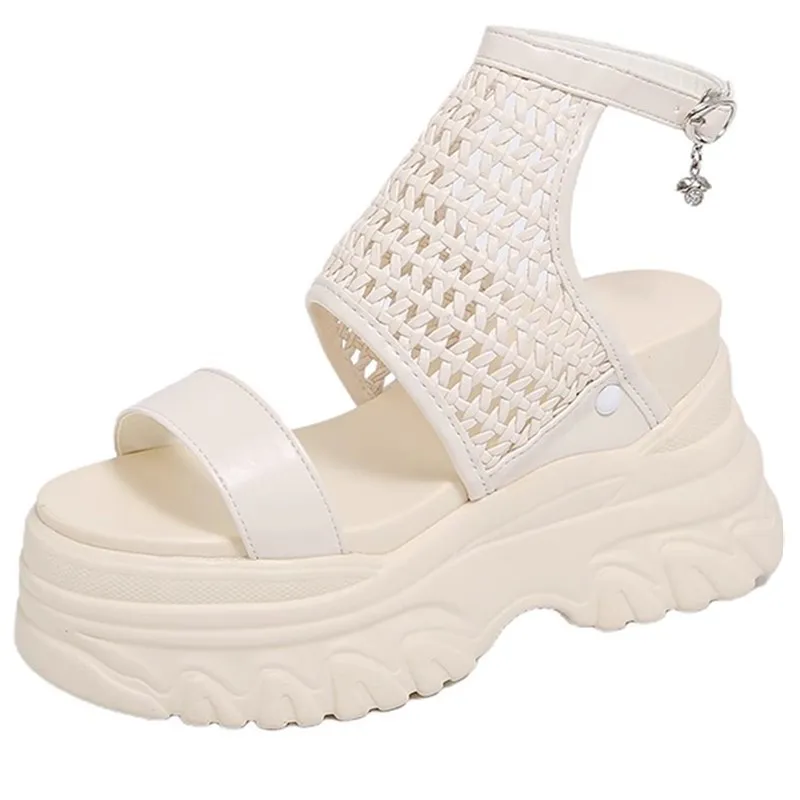 

9cm Summer New Slim Height Increasing Platform Peep Toe Cut Out Wedges Bling Buckle Strap Women Modern Gladiator Sandals