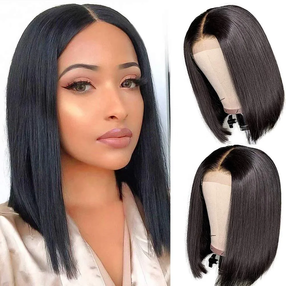 

14" Cheap Price Human Hair Short Bob Wig Brazilian Hair Black Straight Transparent Swiss Lace Front Wigs for Black Women
