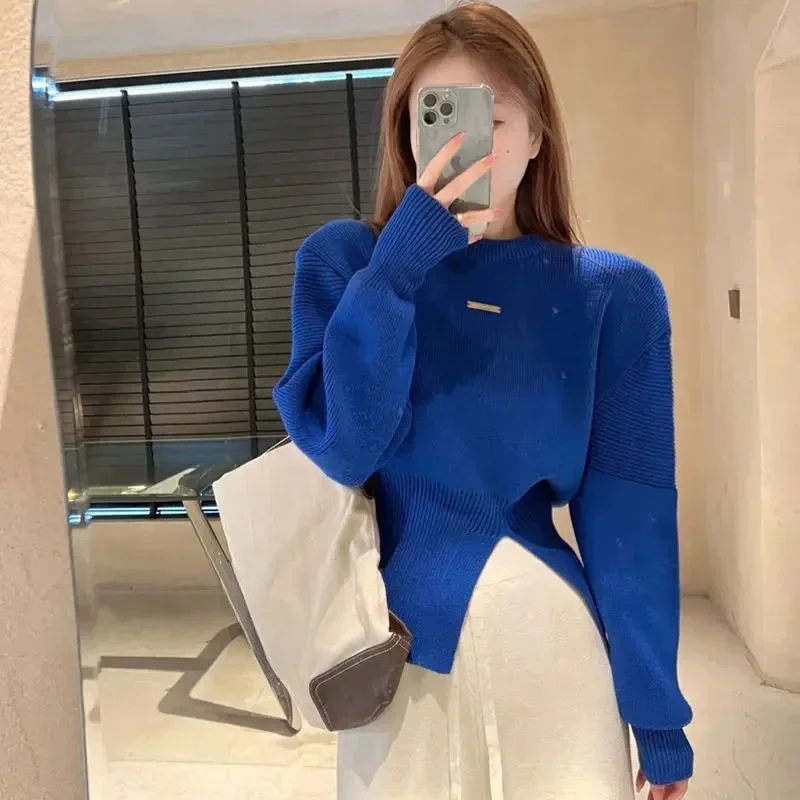 Knit Tops for Woman Blue Round O Neck Women's Sweater Crop Short Pullovers Y2k Vintage Designer Economics Modern Cold Winter 90s