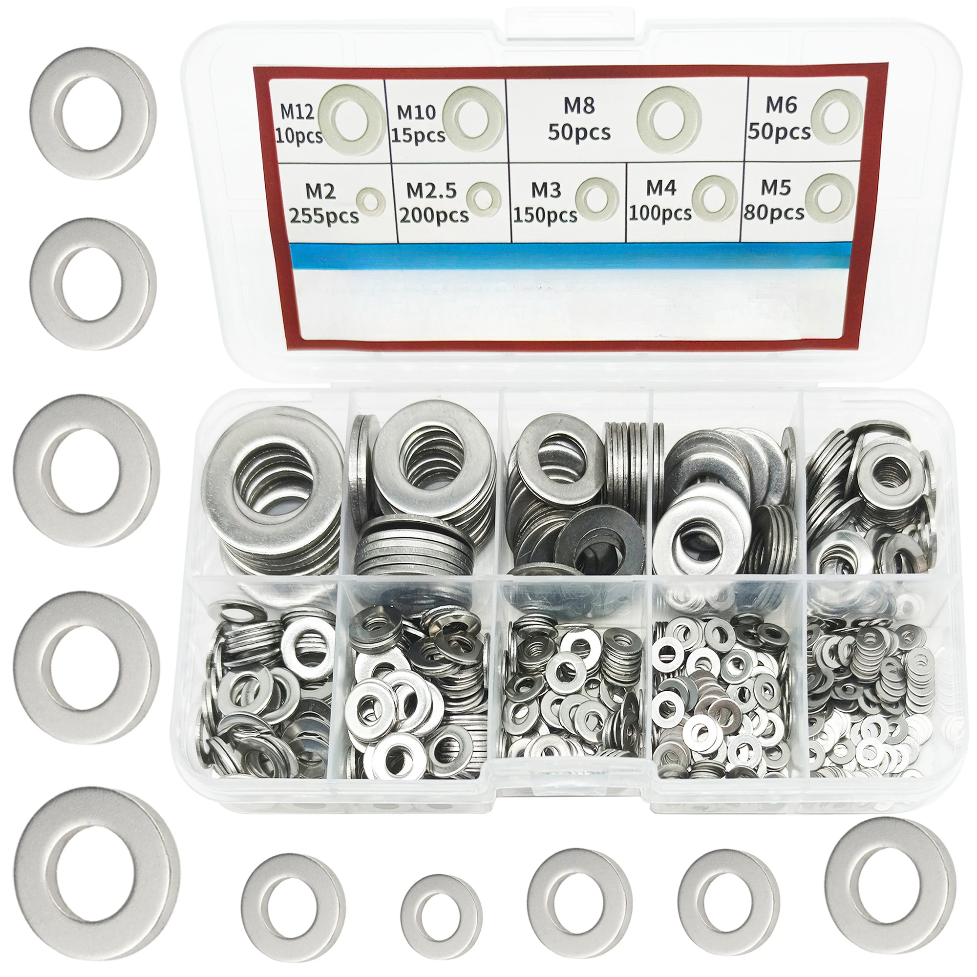 910/200pcs 304 Stainless Steel Flat Washers Assortment Kit (M2 M2.5 M3 M4 M5 M6 M8 M10 M12) Suitable for Home Decoration