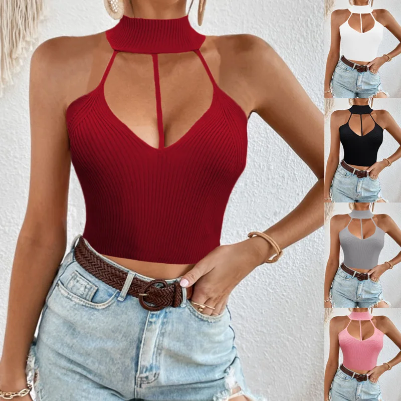 Women's Vests T-shirt 2025 Summer Sexy Hollow Hanging Neck Knit Tops Vest Lingerie Woman Sexy Top Damski Lato Krótki Y2k Seet