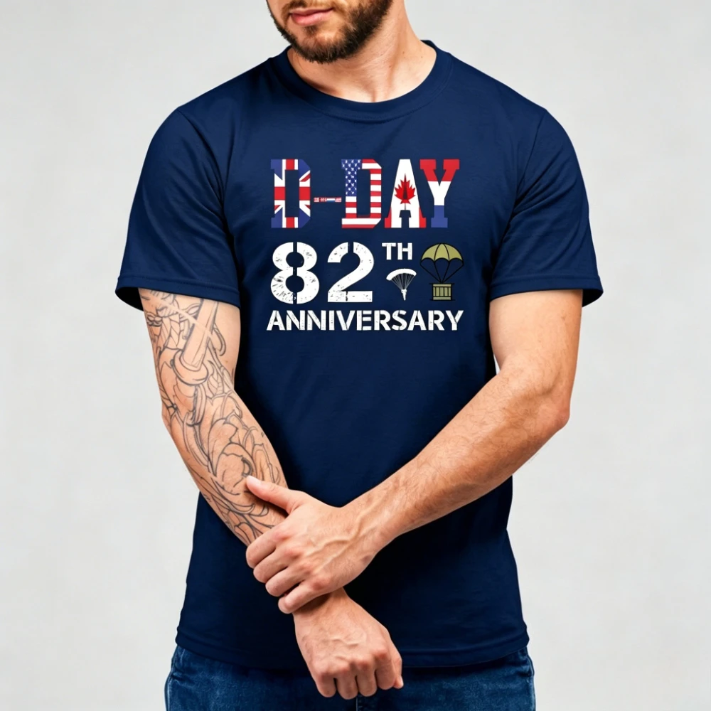 D-Day 82nd Anniversary Graphic T-Shirt Vintage Allied Flags Print Shirt Normandy Landing Commemorative Patriotic History Tee view 4