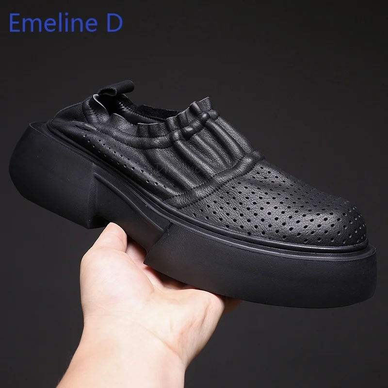 Leather Platform Mule Sneakers Gathered Elastic Collar Slip On Heel Foldable Round Toe Back Open Casual Fashion Flat Shoes