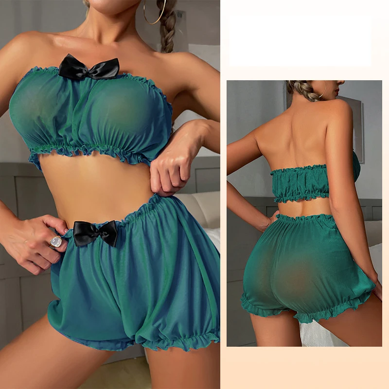 Top Fashion Explosive Female Sexy Pajamas Suit Mesh Gauze Multi-Color Bow tie Pajamas European And American Erotic Underwear