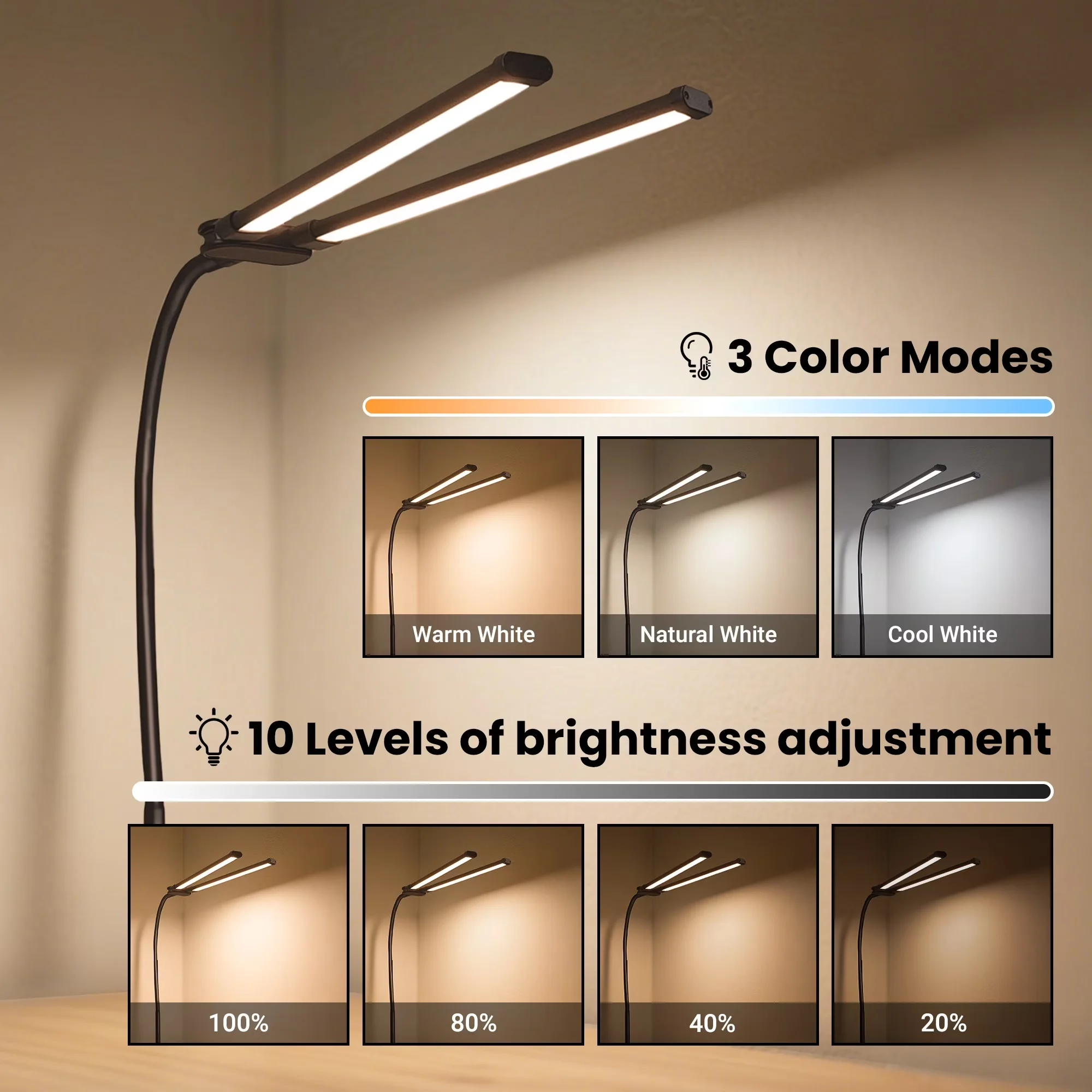 Double Head Clip-on LED Desk Lamp 3 Modes Brightness Adjustable USB Adapter Suitable for Reading Studying Piano Monitors Office image 2