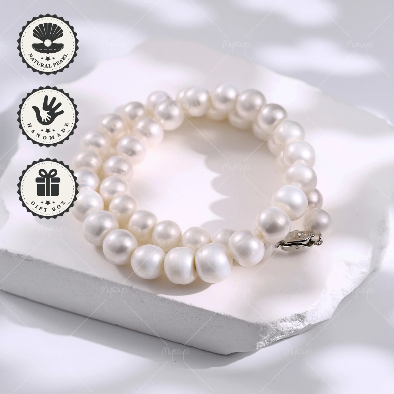 

Mysoya 11–15mm Large White Flat Freshwater Pearl Necklace with Silvery Ingot Clasp Valentine’s Day Birthday Gift