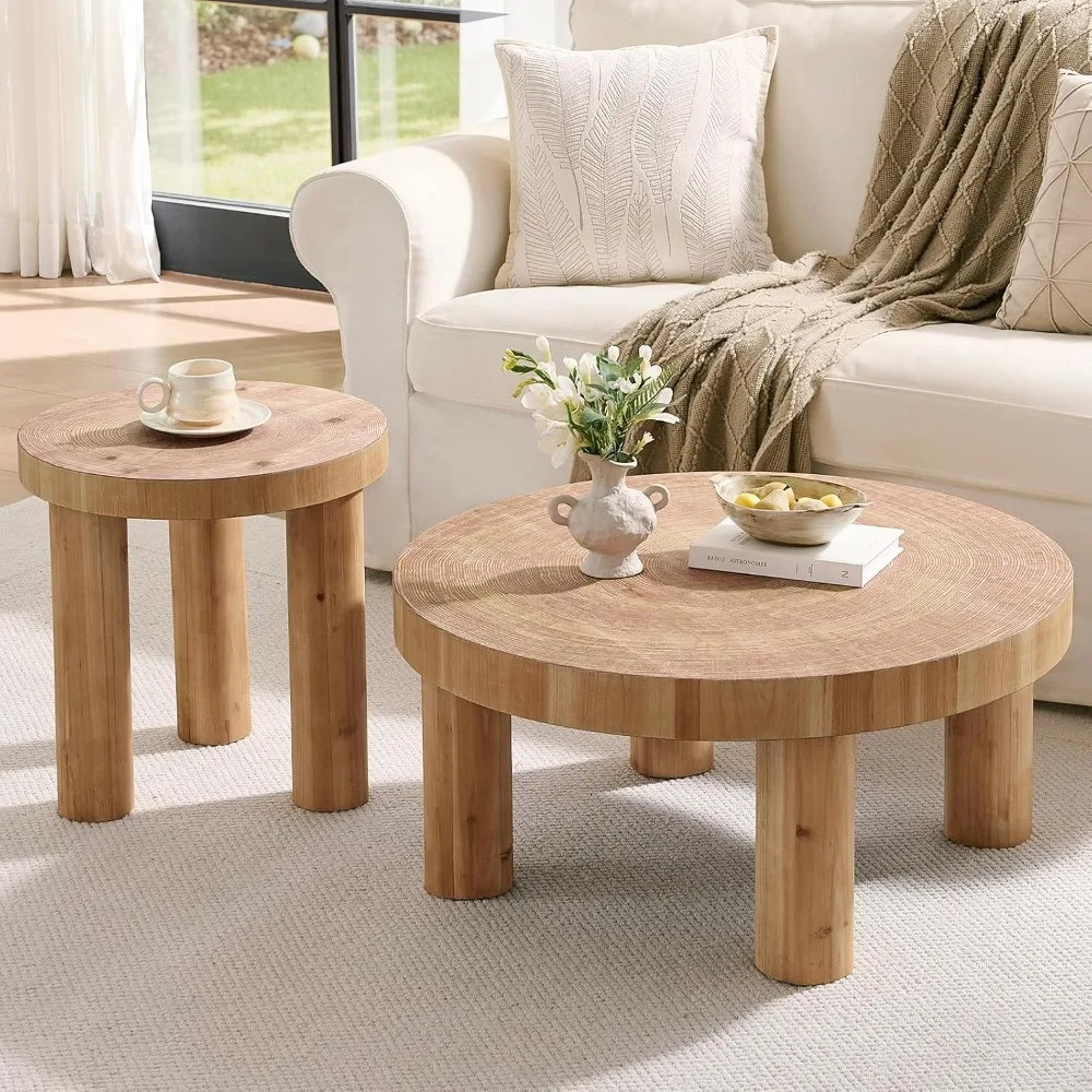 

2-Piece Round Farmhouse Coffee Table, Rustic Coffee Table Sets, Circle Wooden Ring Finish with Solid Wood Legs, Center Tables S