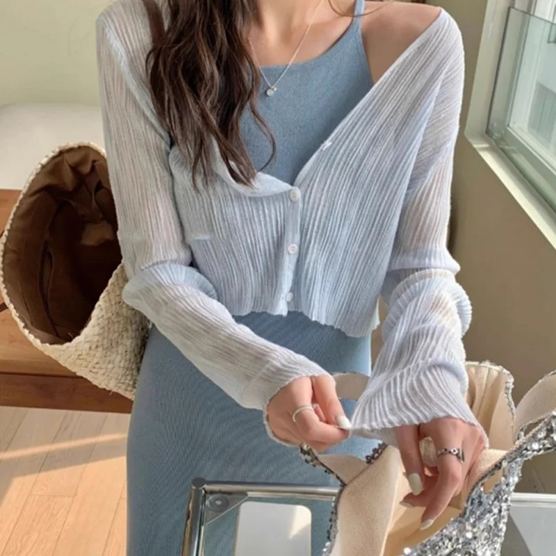 Thin Style Sun Protection Cardigan Women Knitted Long Sleeve Loose Fit All-Match Breathable Top Solid Color Outer Wear Summer