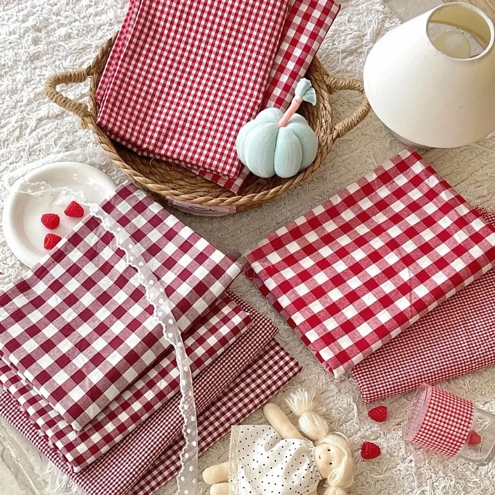 145x50cm Red Washed Cotton Yarn Dyed Fabric Beautiful Check Pattern Pure Cotton for Women Bags Hair Accessories Sewing Cloth