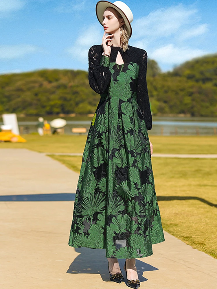 Vestido de fiesta de Jacquard de manga larga para mujer, vestido de fiesta de lujo con Panel de encaje, vestido Maxi Retro de calidad de primavera, bata de bola de cena Floral