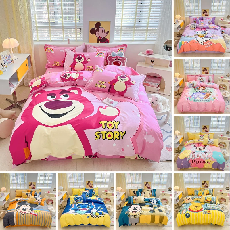 Disney Series All Cotton Bedding Set Stitch Mickey Minnie Single King Queen Twin Size Duvet Cover Bed Sheet Pillowcase Bedsheet