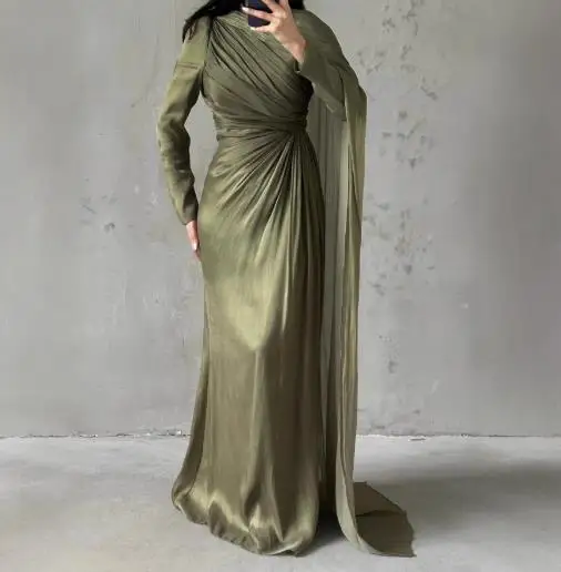 

Womens Dresses 2025 Spring Autumn New Solid Color Elegant Irregular Pleated Mock Neck Long Sleeve Slim Fit Temperament Dress