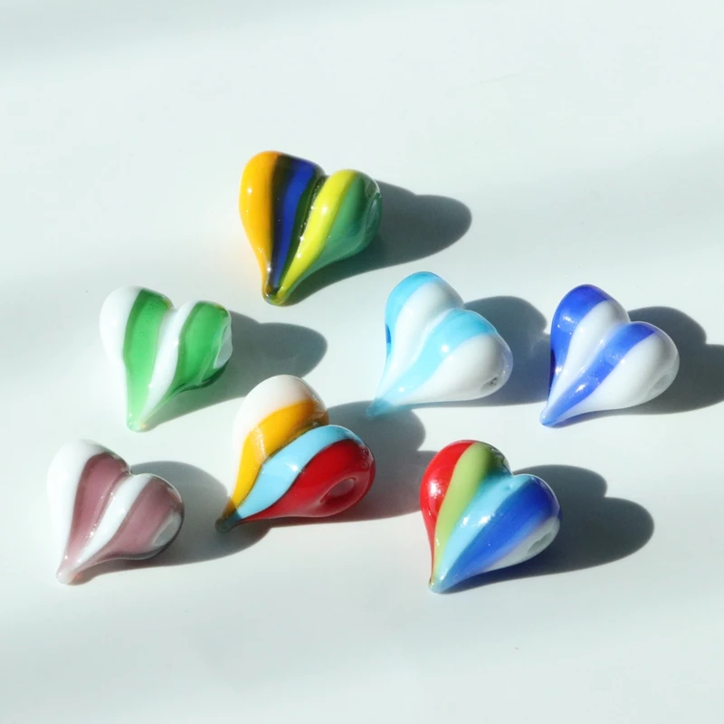 10pcs 18x16mm Heart Shape Lampwork Glass Stripe Beads for DIY Crafts Jewelry Making Findings