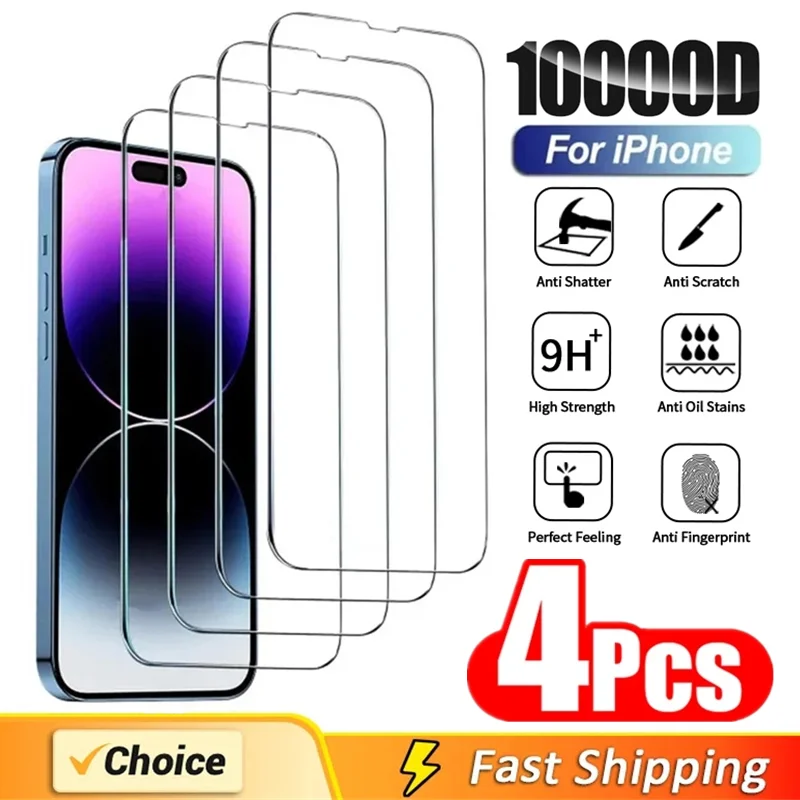 

4Pcs Protective Glass For iPhone 15 11 12 13 14 Pro Max 13 12 Mini 7 8 15 Plus X XR XS MAX Clear Tempered Glass Screen Protector