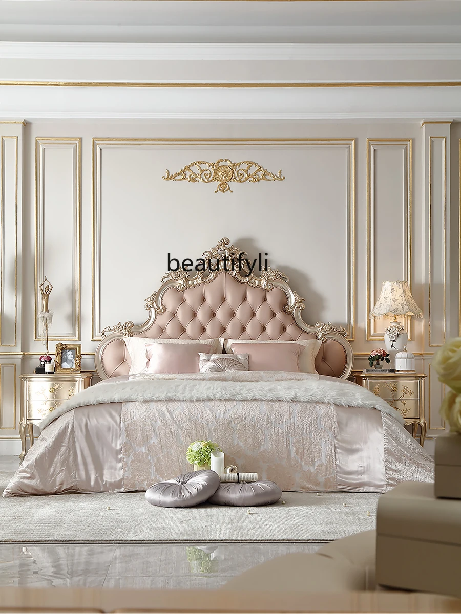 French Style Leather Bed European Style Carved Romantic Princess Bed Wedding Room Double Bed