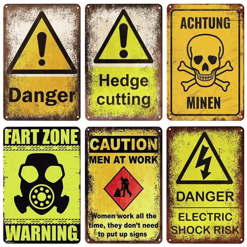 High Definition Metal Tin Sign Funny Warning Caution Signs Set, Retro Danger Electric Shock Hedge Cutting Wall Art Decor for Gar
