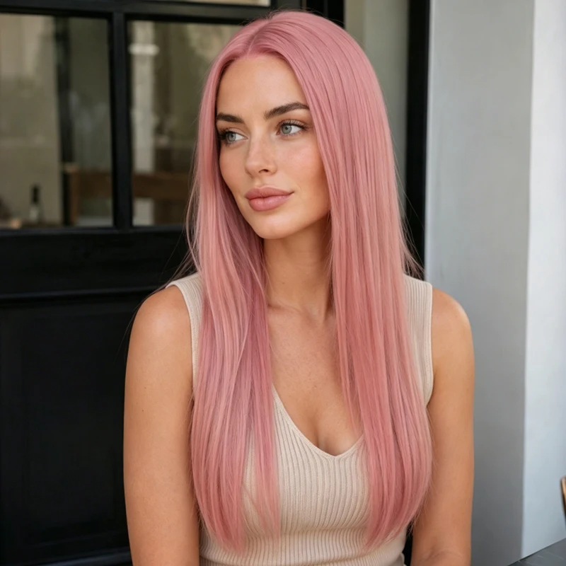 28-inch pink long straight synthetic hair wig for women, natural center part, everyday full head synthetic wig