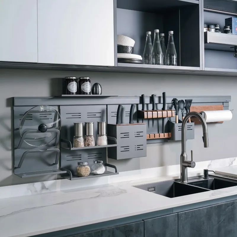 Kitchen rack wall lid seasoning hanger wall storage pendant, double shelf + lid rack + knife holder + four