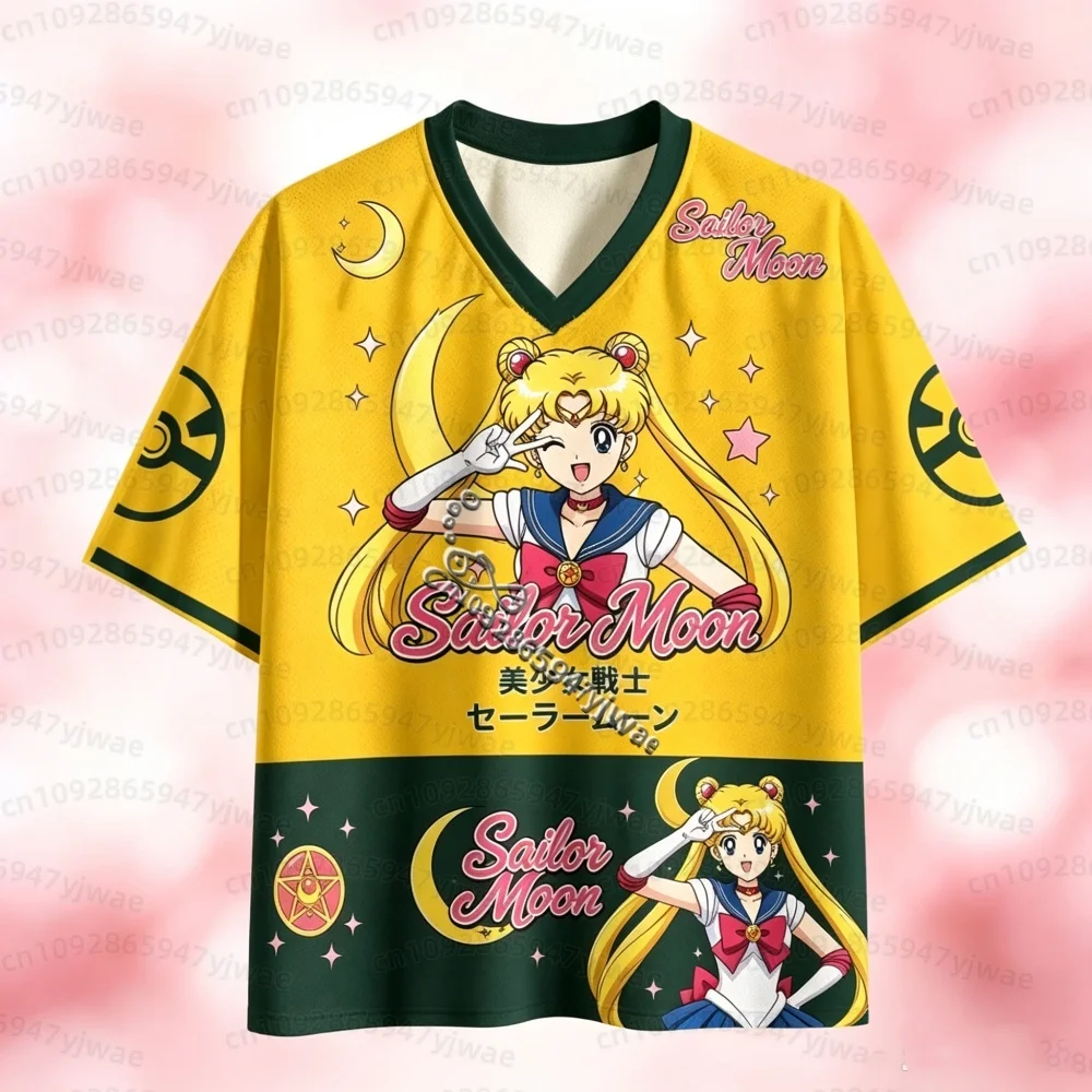 26 Sailor Moon Anime Mesh Jersey T-Shirt Tsukino Usagi Print V Neck Short Sleeve Tee Women Men Harajuku Streetwear Men T-Shirt view 2