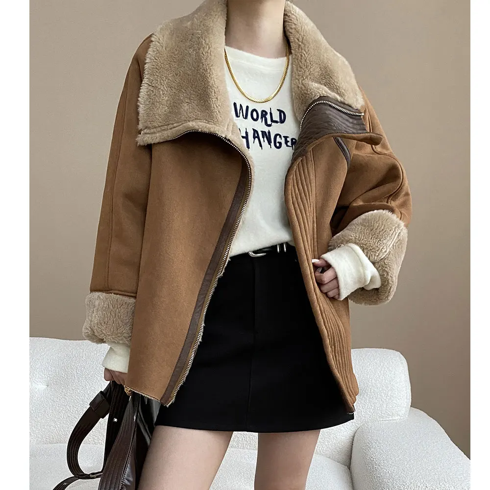 

2025 Women Winter Furry Inner Warm Jacket Coat Fashion Classic Brown Color Wide Laple Jacket Femme Casaco Abrigo Streetwear