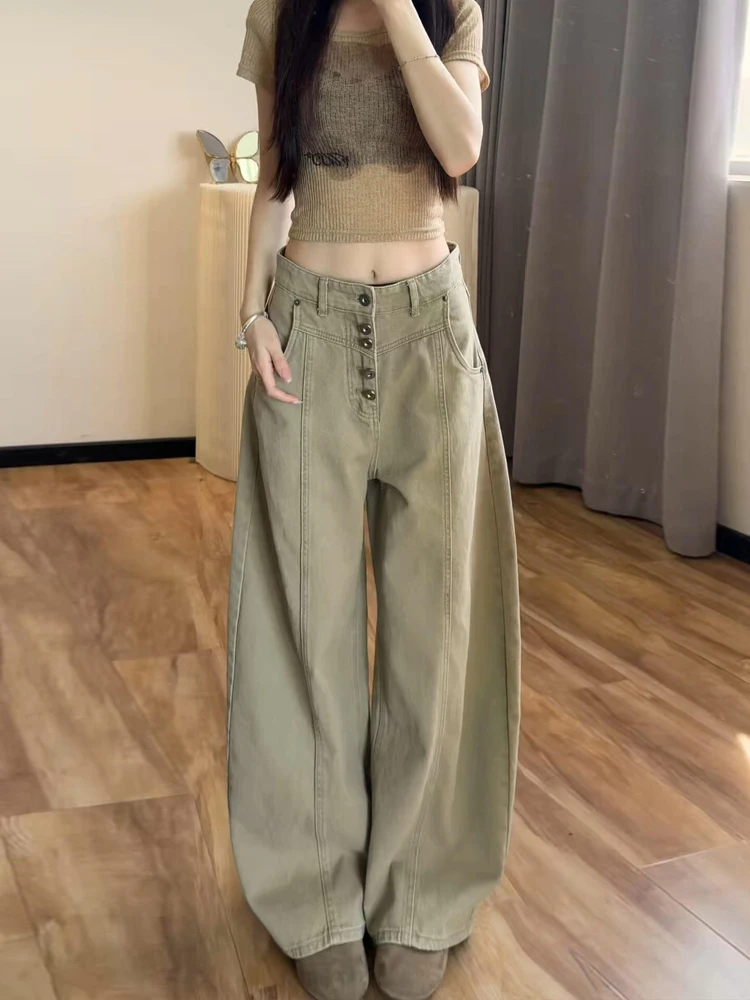Sweet Cool Spicy American Style Loose Wide Leg Jeans Women's Khaki Color High Waist Knife  Denim Pants Summer Slimming