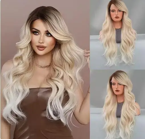 Long Wave Ombre 7Color Mix Blonde Black Wig Good Quality Wigs for Women's Cosplay Daily Natural Hair Heat Resistant