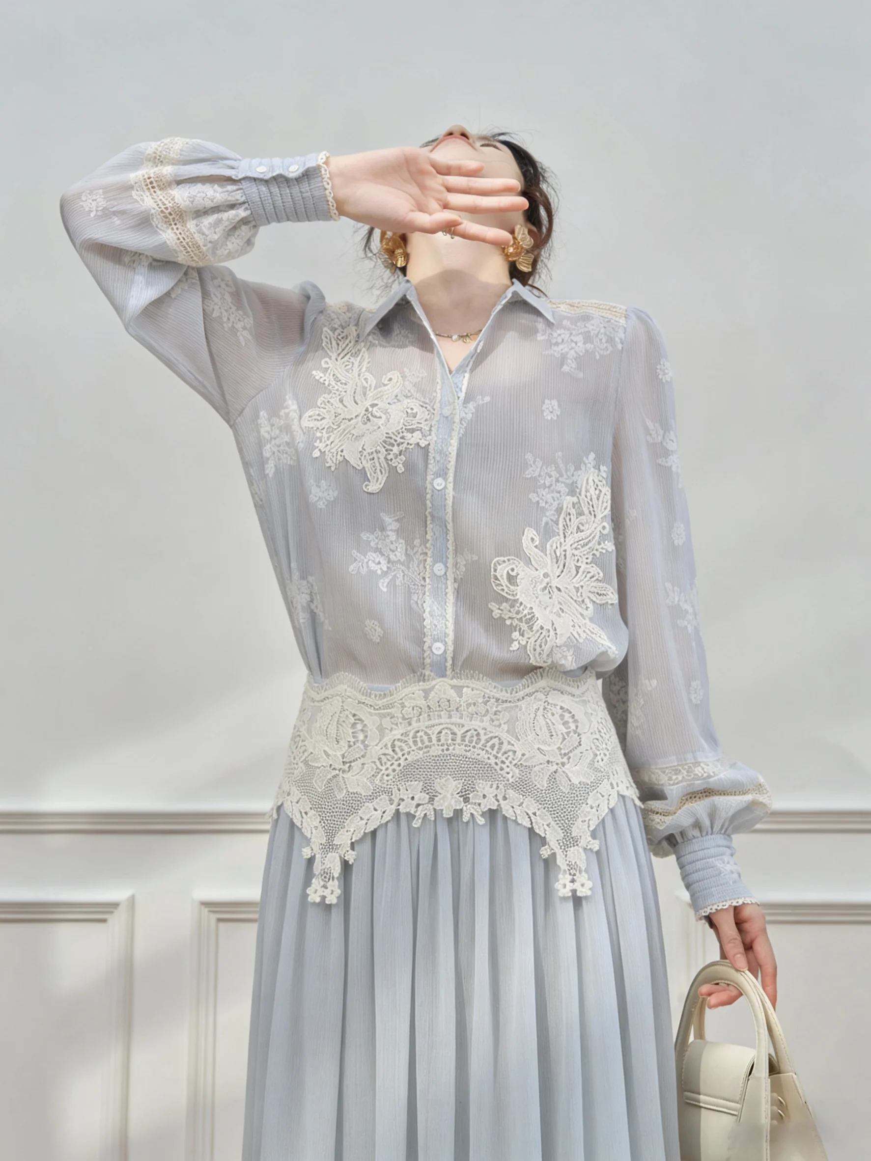 

Blue Embroidered Chiffon Thin Shirt Cover up Halter Skirt Set Women's 2026 Summer Fashion High Waist Loose Fit Casual