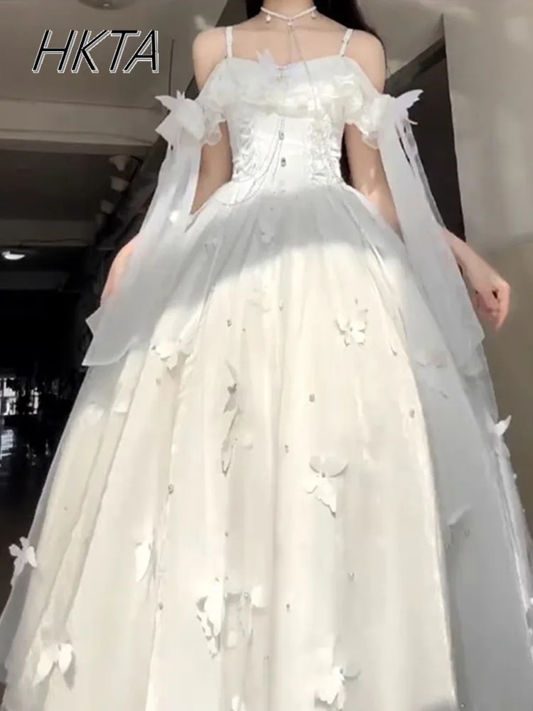 Biała Suknia Ślubna 2025 Letnia Bogini Długa Sukienka Ramiączka Odkryte Ramiona Koraliki Motyl Eleganckie Falbany Sukienka Księżniczki